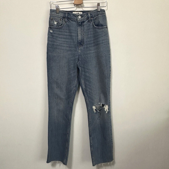 Abercrombie Fitch Jeans 6/28 90s Slim Straight Ultra High Rise Blue Raw Hem Y2K - Picture 1 of 8